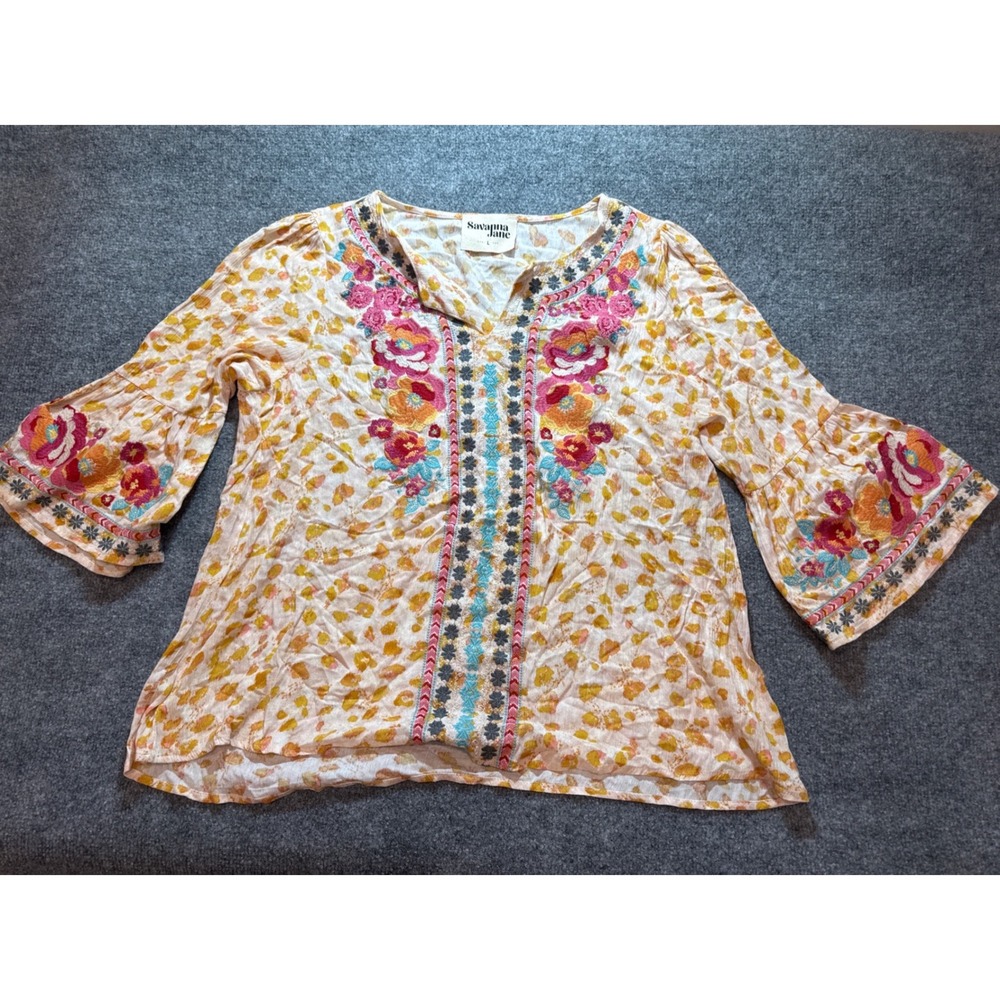 Savanna Jane Womens L Boho Floral Embroidered Blouse Rayon Peasant Top Hippie